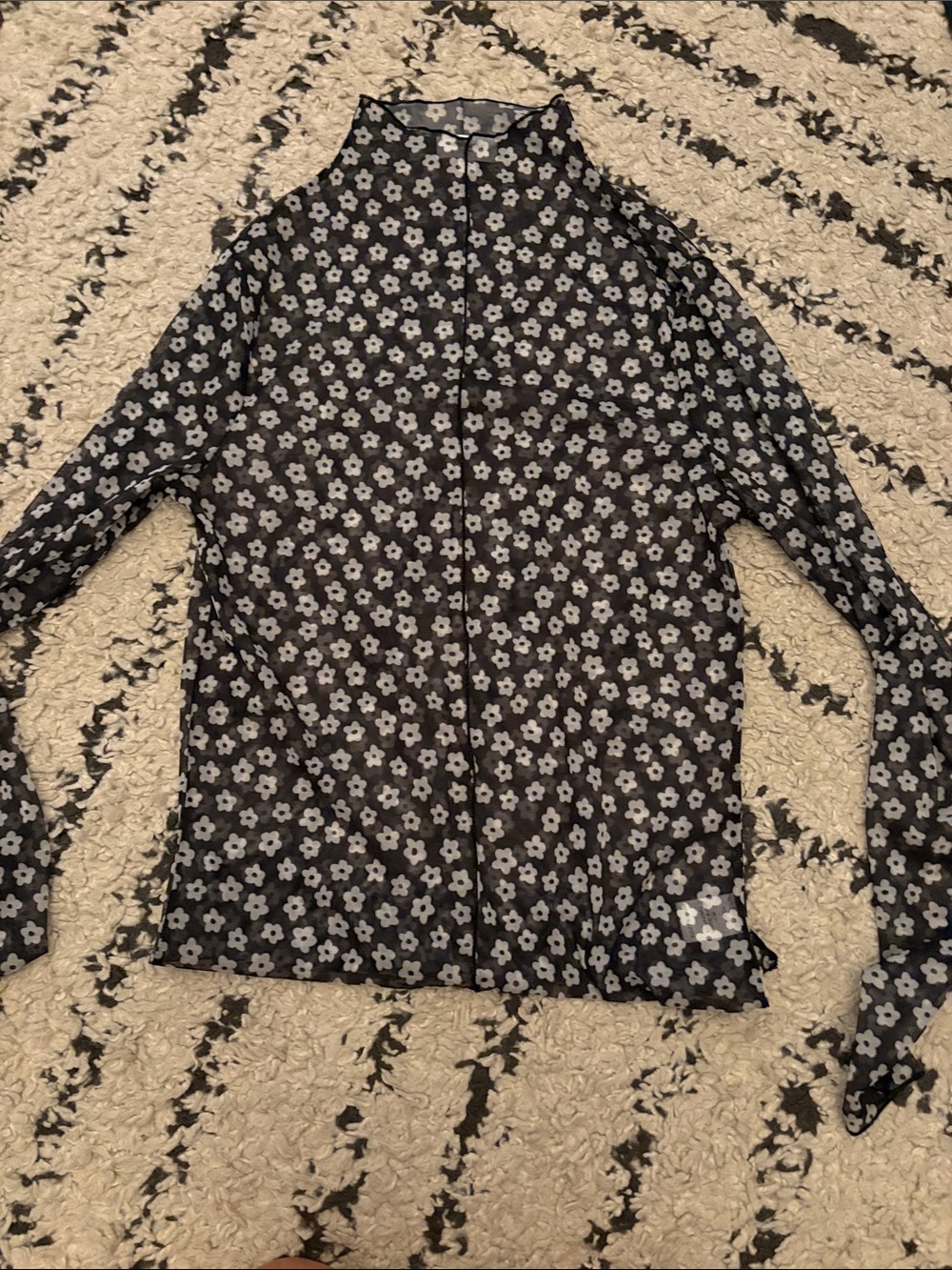 Sheer Floral Long Sleeve Mock Neck Top - Black/White